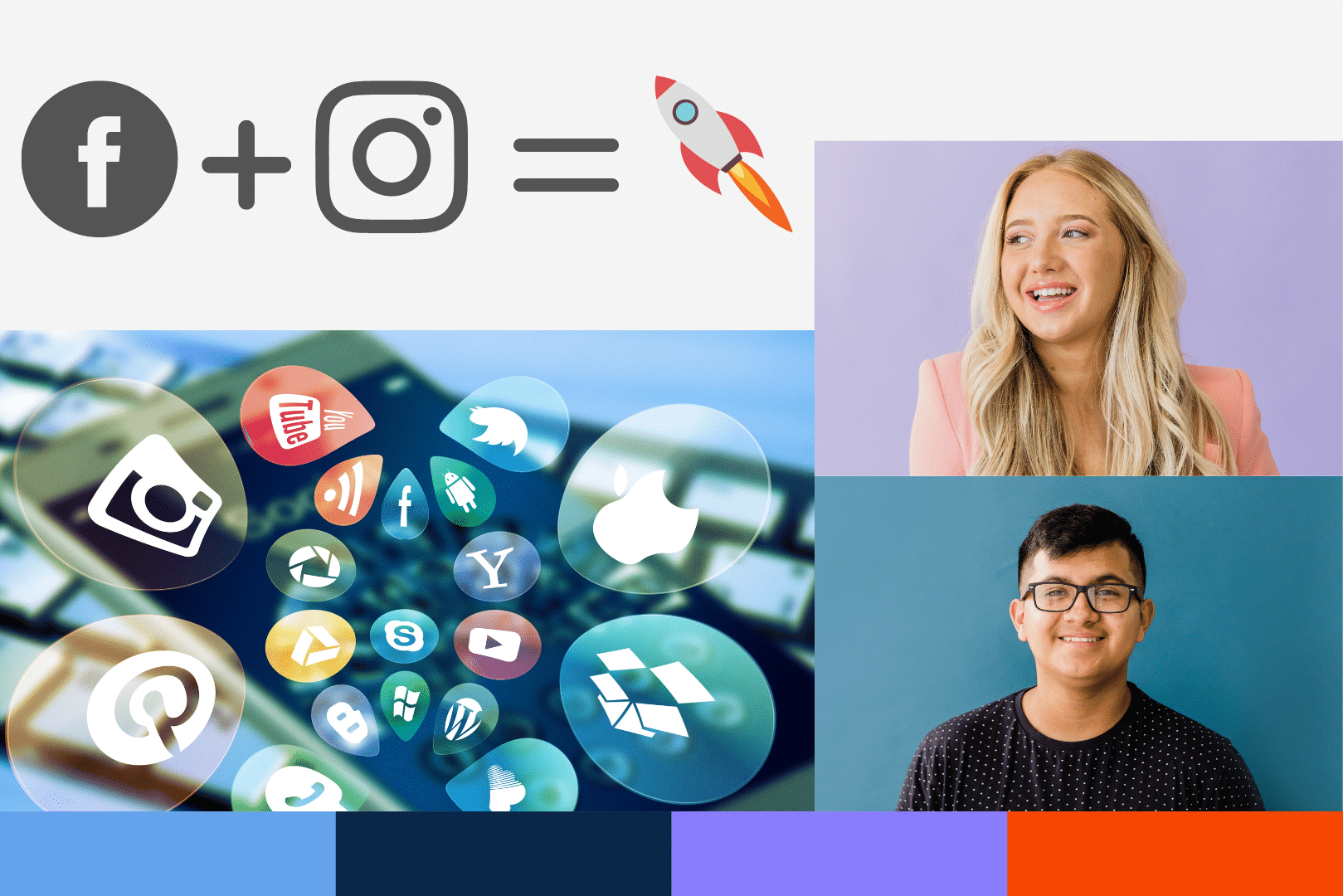 Facebook logo + Instagram Logo with 2 People on the right side.